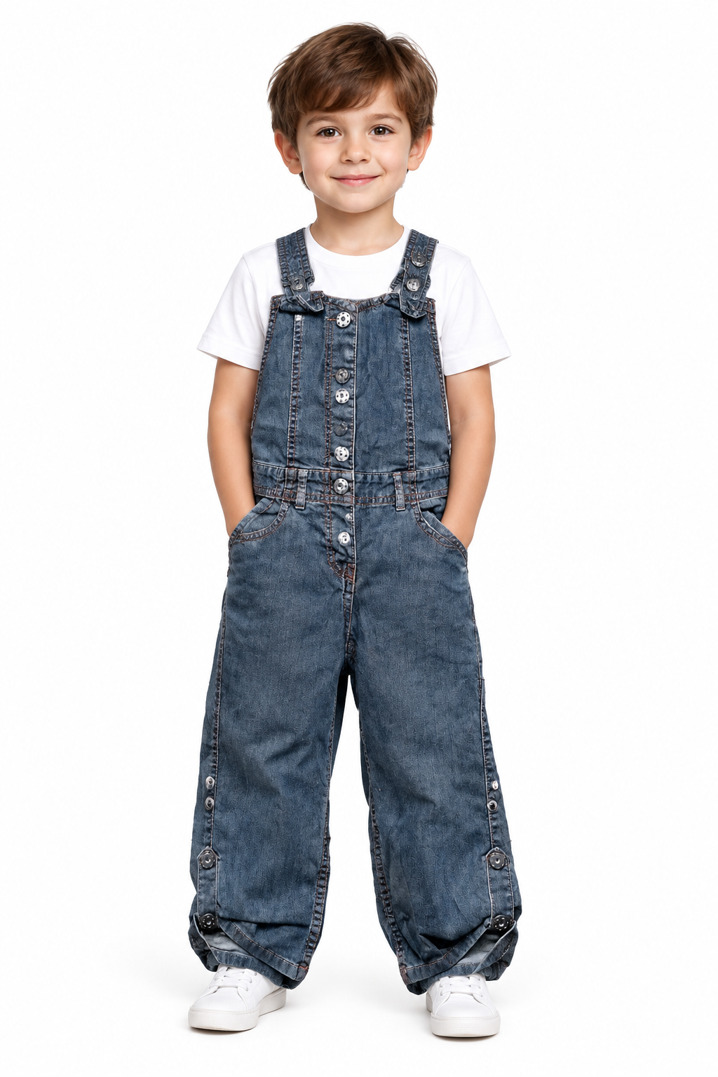 Boy modeling the denim dungarees