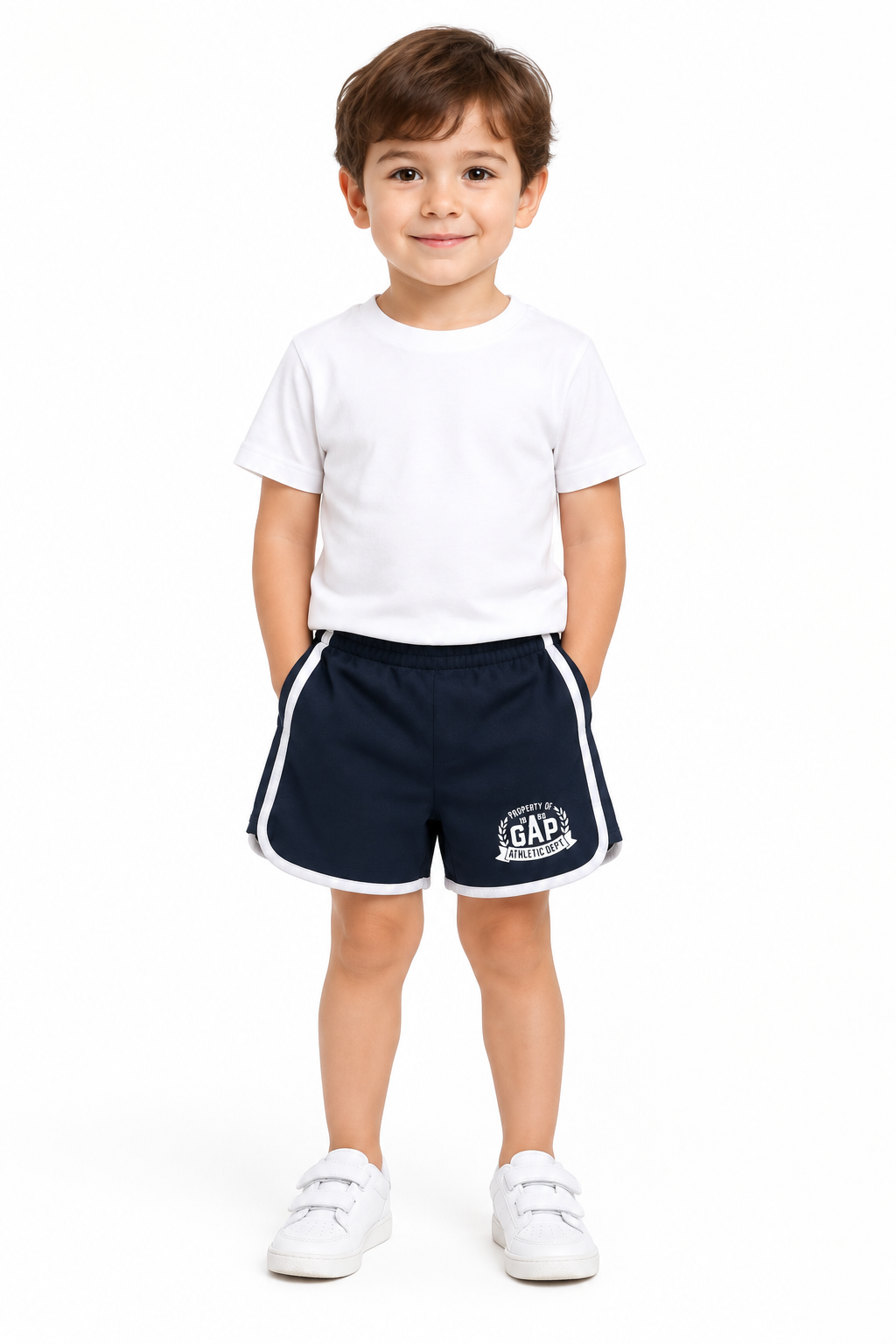 Boy modeling the Gap blue shorts