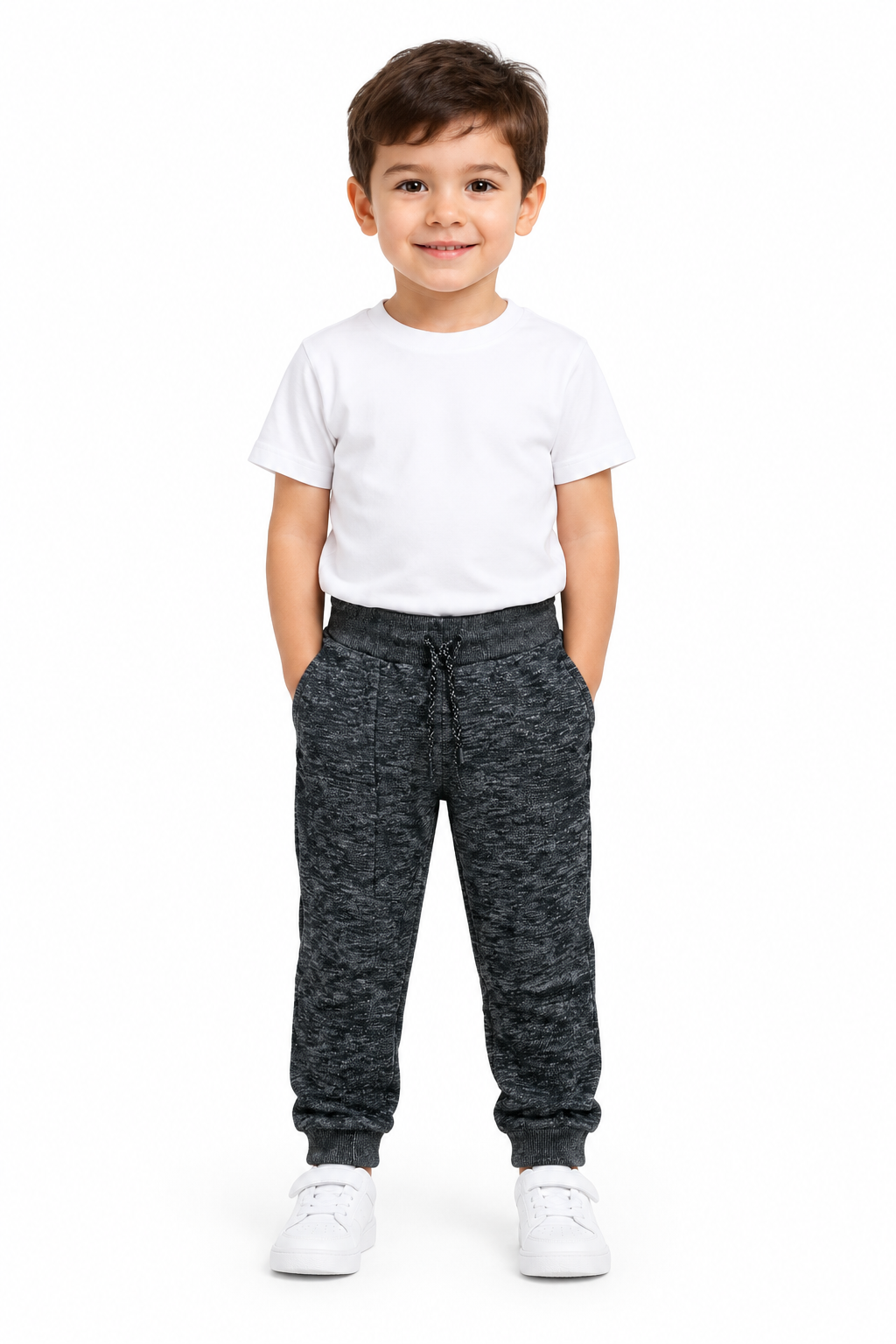 Boy modeling the grey joggers