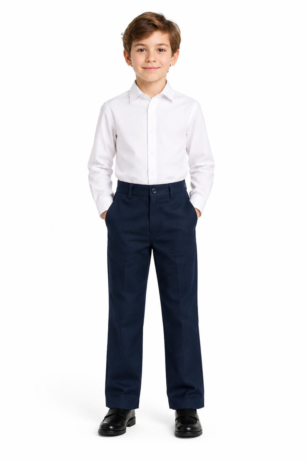 Boy modeling the navy formal trousers
