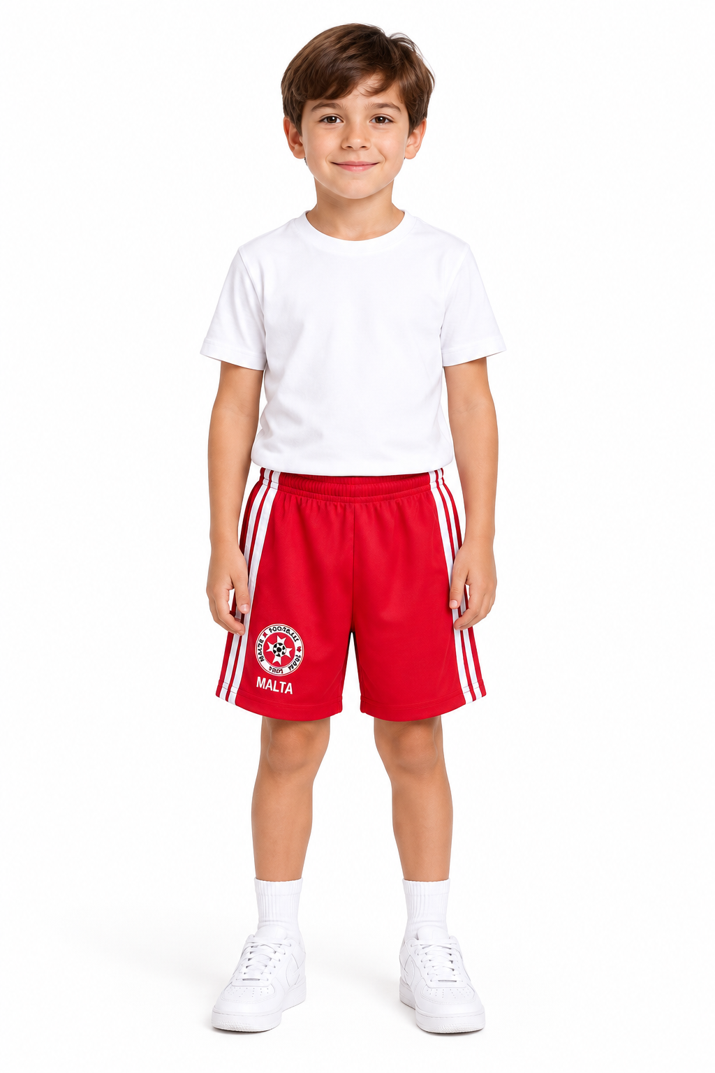 Boy modeling the red football shorts
