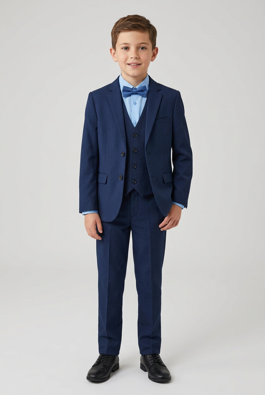 Boy modelling the blue three-piece suit with a sky-blue shirt and blue bow tie