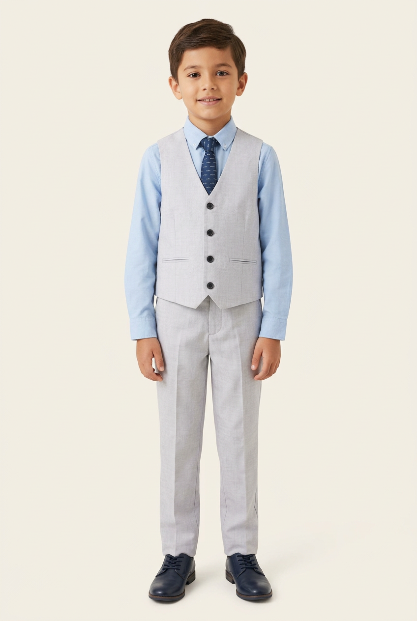 Boy modelling the grey four-piece outfit with navy shoes
