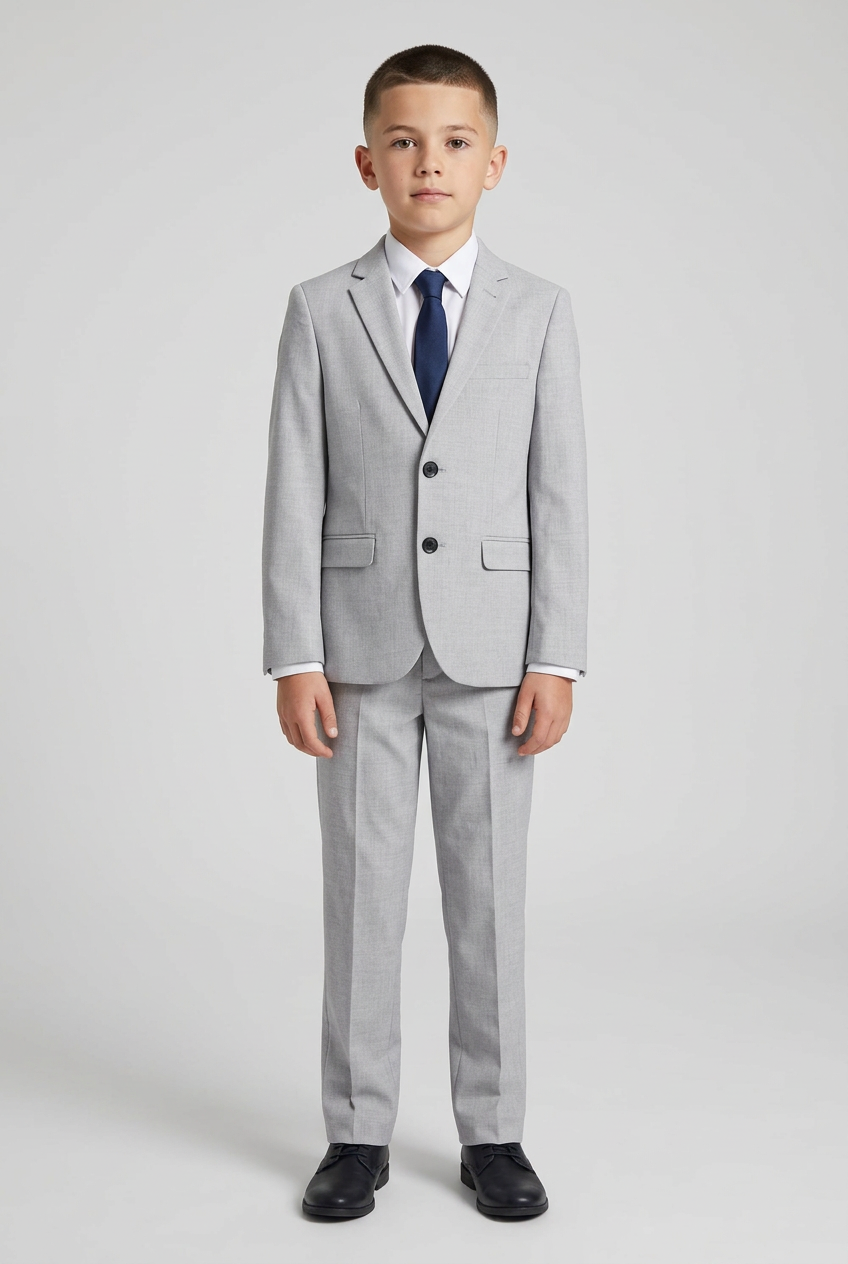 Boy modelling the grey suit with a white shirt and navy blue tie