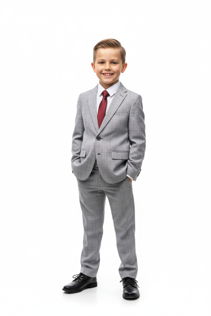 Boy wearing grey suit jacket buttoned with white shirt and burgundy tie
