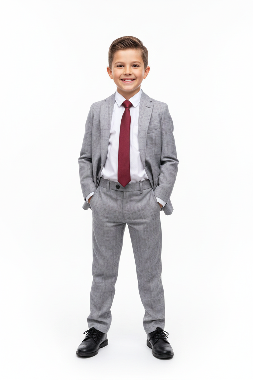 Boy wearing grey suit with white shirt and burgundy tie