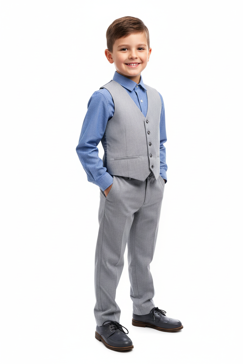 Boy wearing light grey waistcoat and trousers suit set
