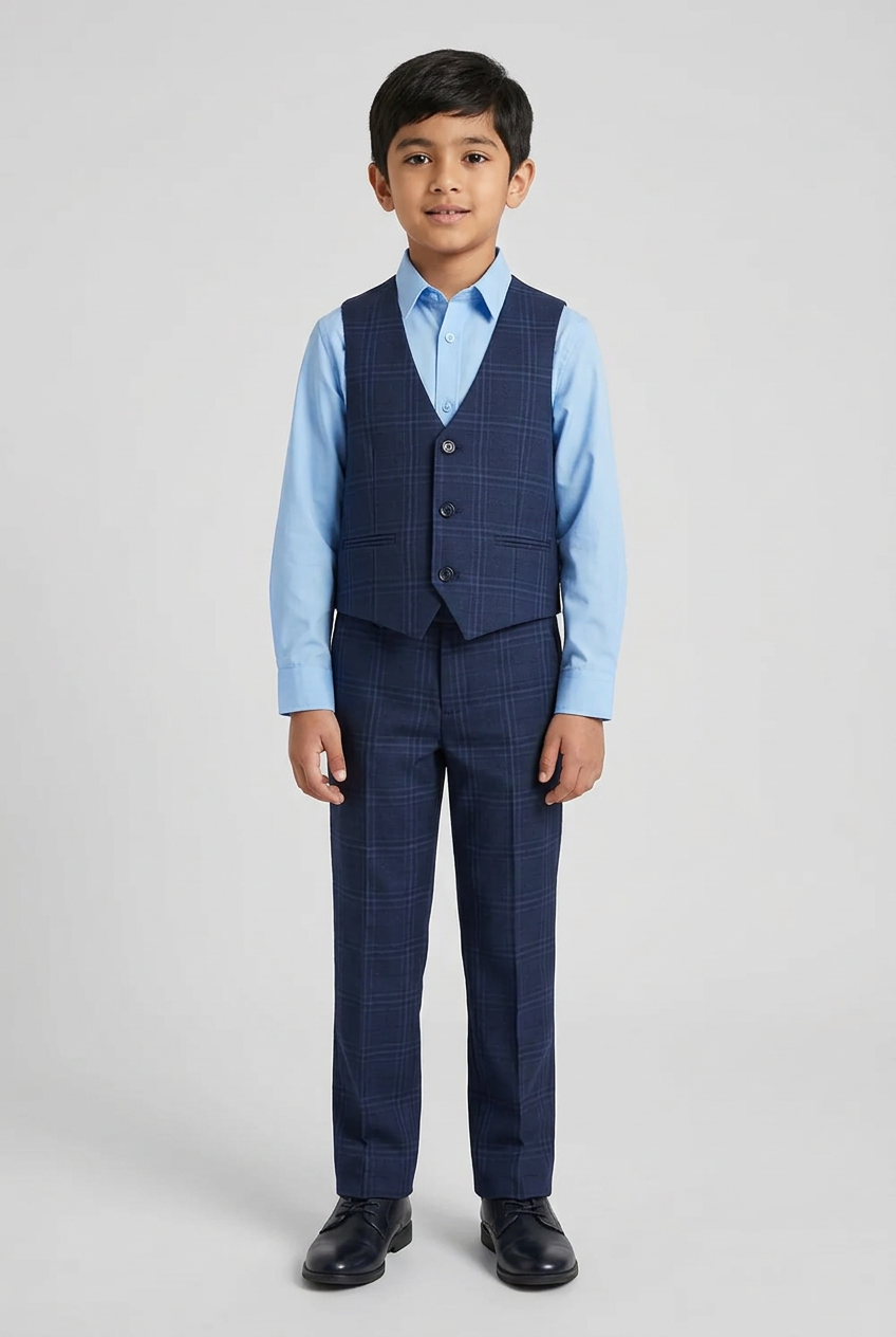 Boy wearing the navy check waistcoat and trousers with a sky blue shirt