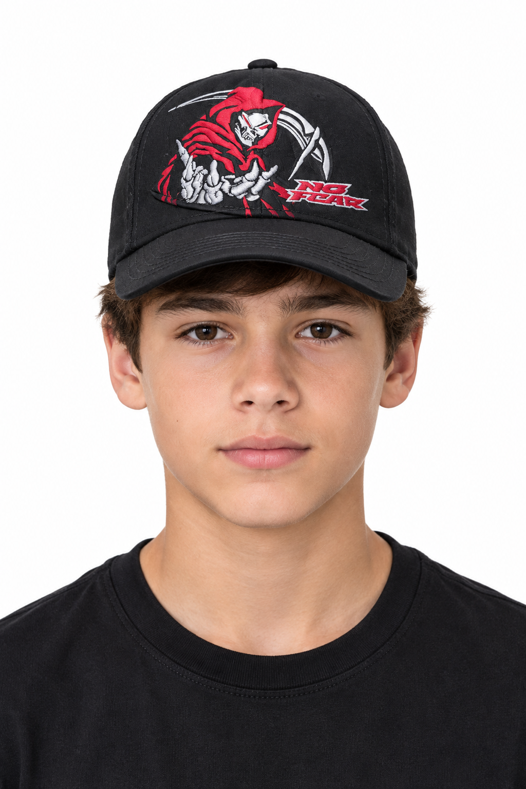 Boy wearing the No Fear cap facing forward