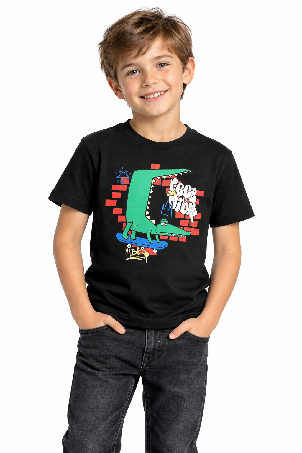 Boys Black Graphic Tee on Model
