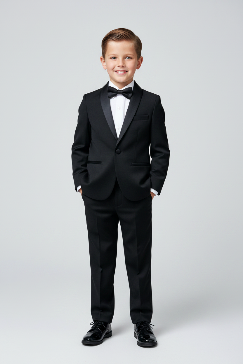 Boys black occasion suit on model