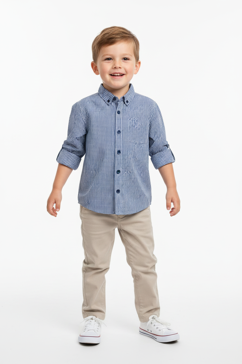 Boys Blue Check Shirt on Model