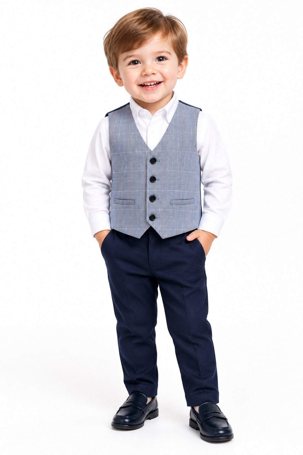 Boys Blue Check Waistcoat on Model