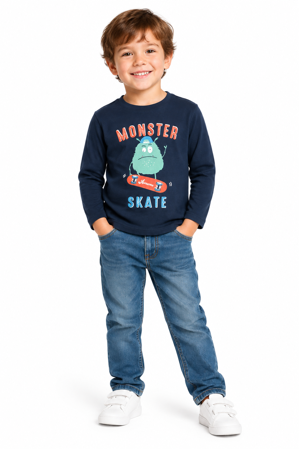 Boys blue long sleeve t-shirt on model