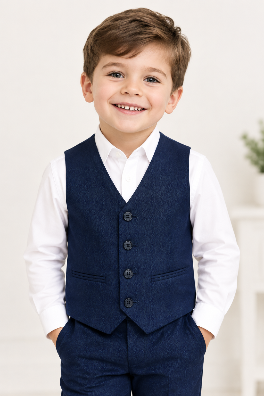 Boys Blue Waistcoat on Model