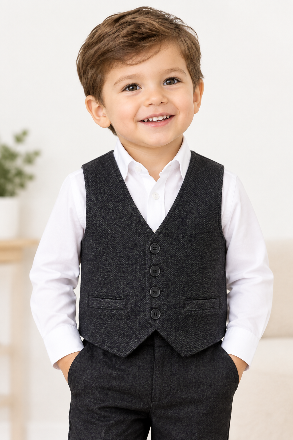 Boys Dark Charcoal Waistcoat on Model