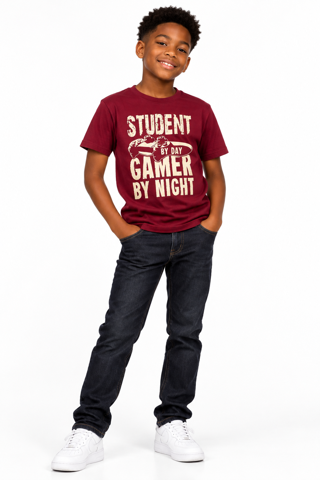 Boys Gamer Burgundy T-Shirt Model