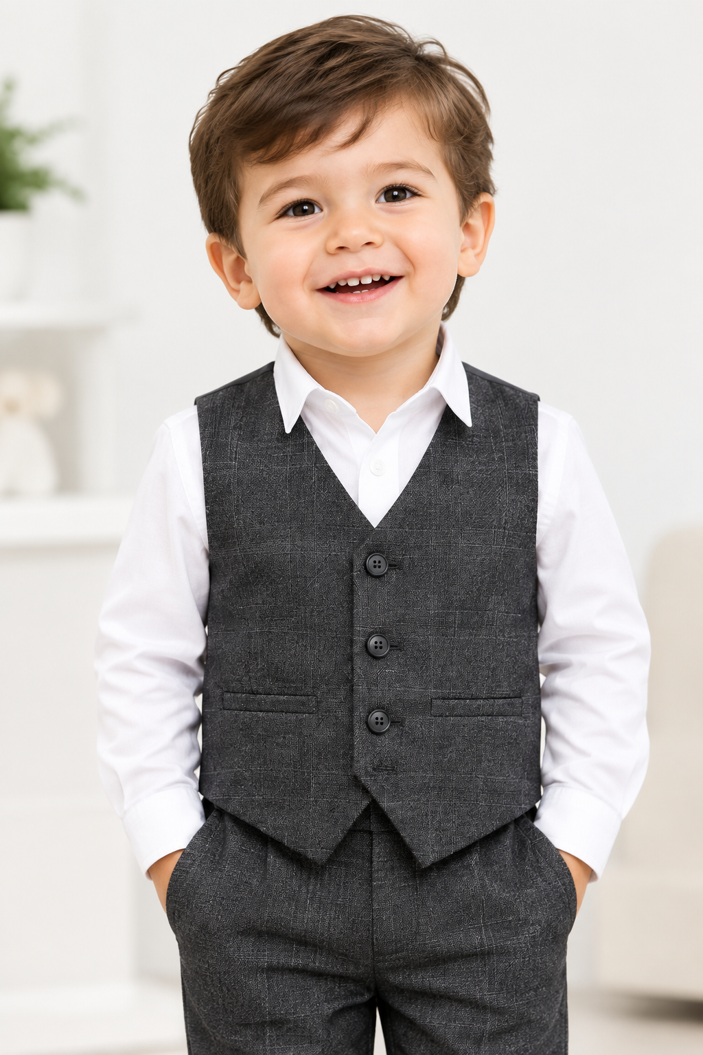 Boys Grey Check Waistcoat on Model