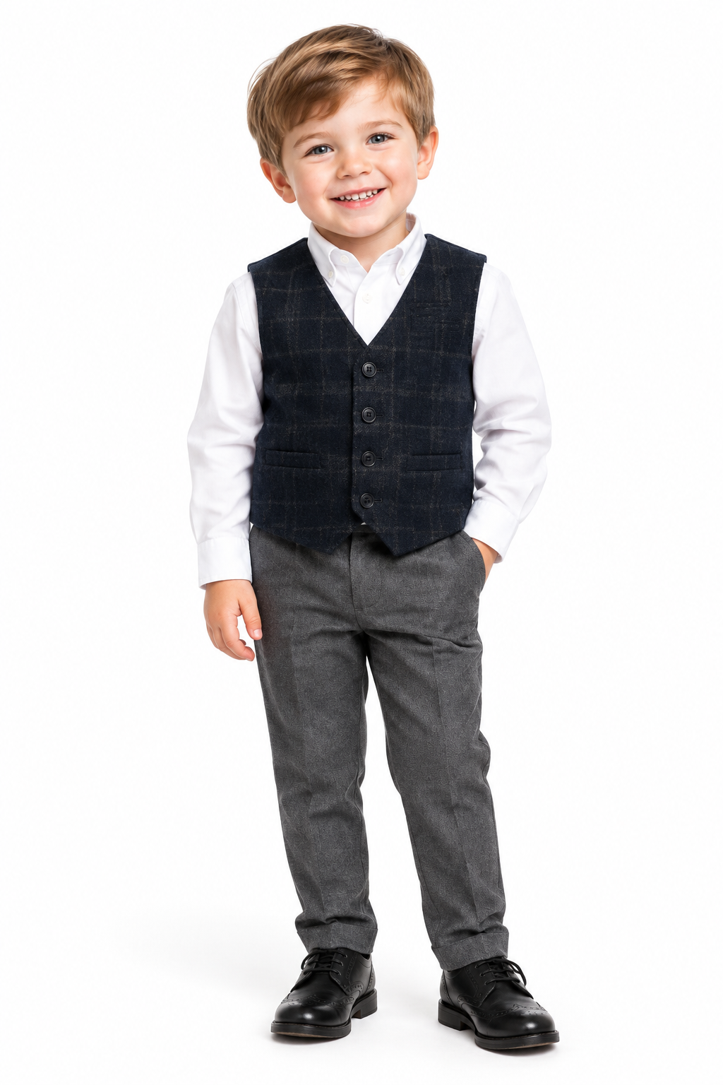 Boys Grey Check Waistcoat on White Boy Model