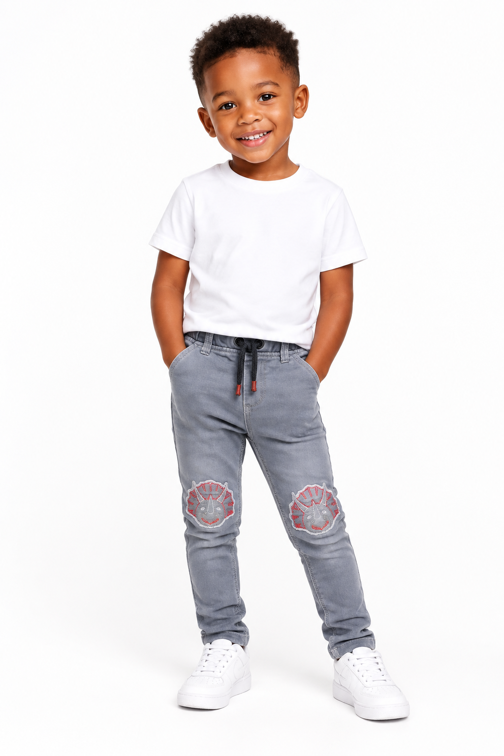 Boys Light Grey Dinosaur Jeans Model