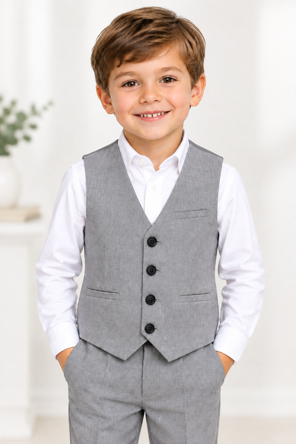 Boys Light Grey Waistcoat - Black Buttons