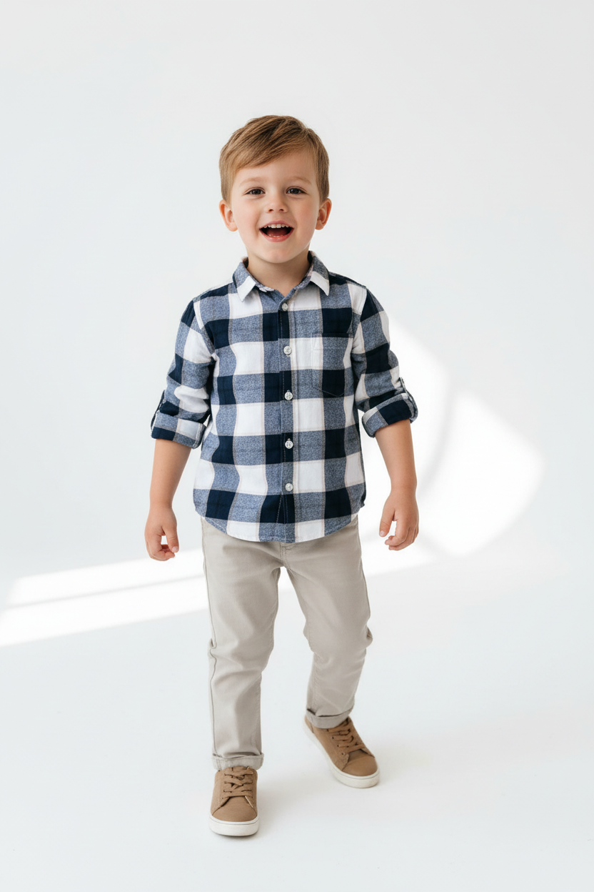 Boys Navy Buffalo Check Shirt on Model