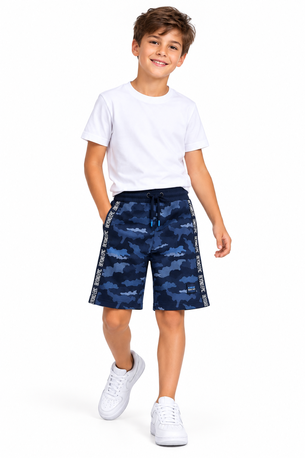 Boys navy camo shorts on model