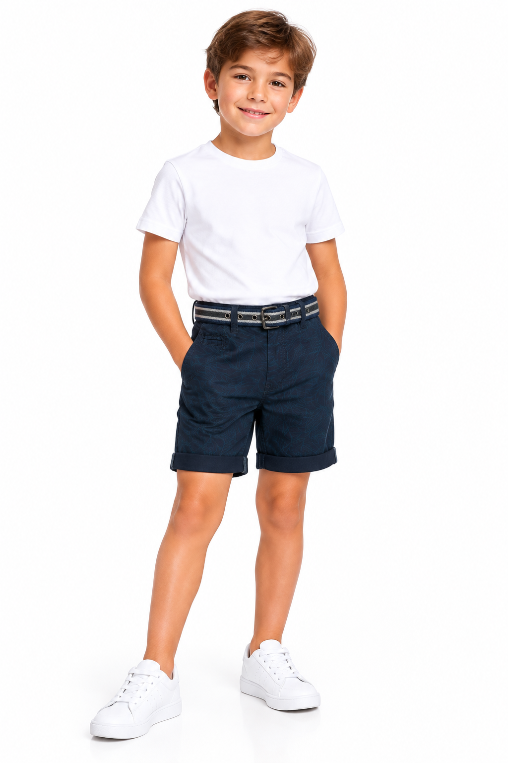 Boys navy teal check chino shorts on model - corrected