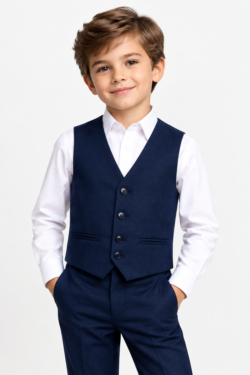 Boys Navy Waistcoat Model Shot