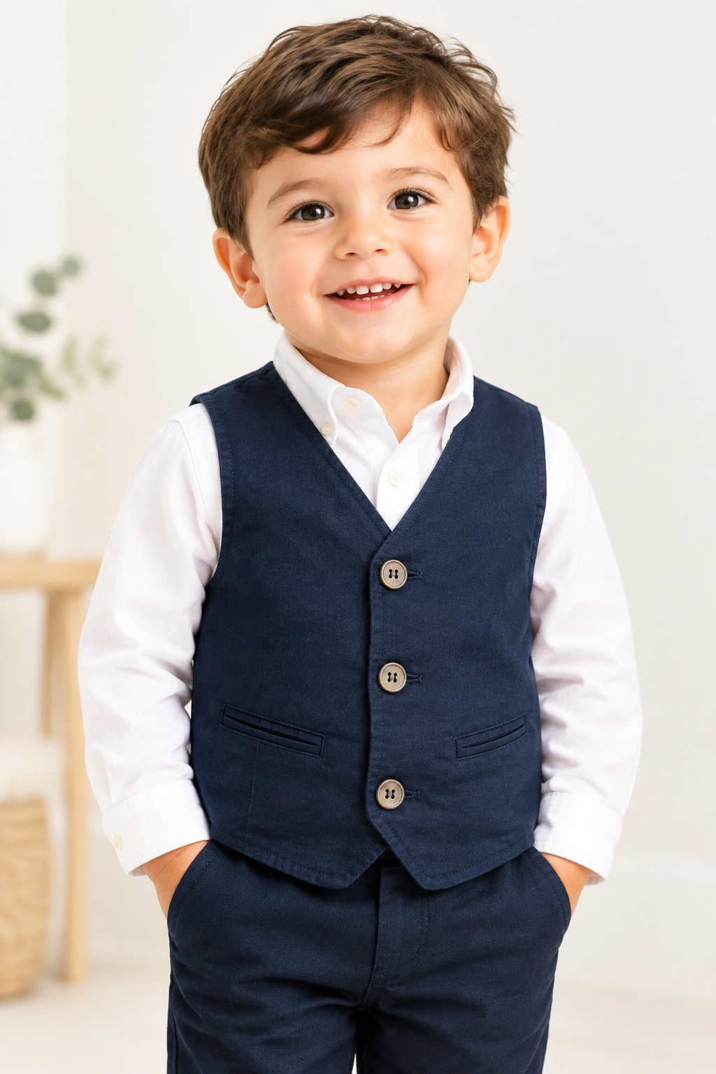 Boys Navy Waistcoat on Model
