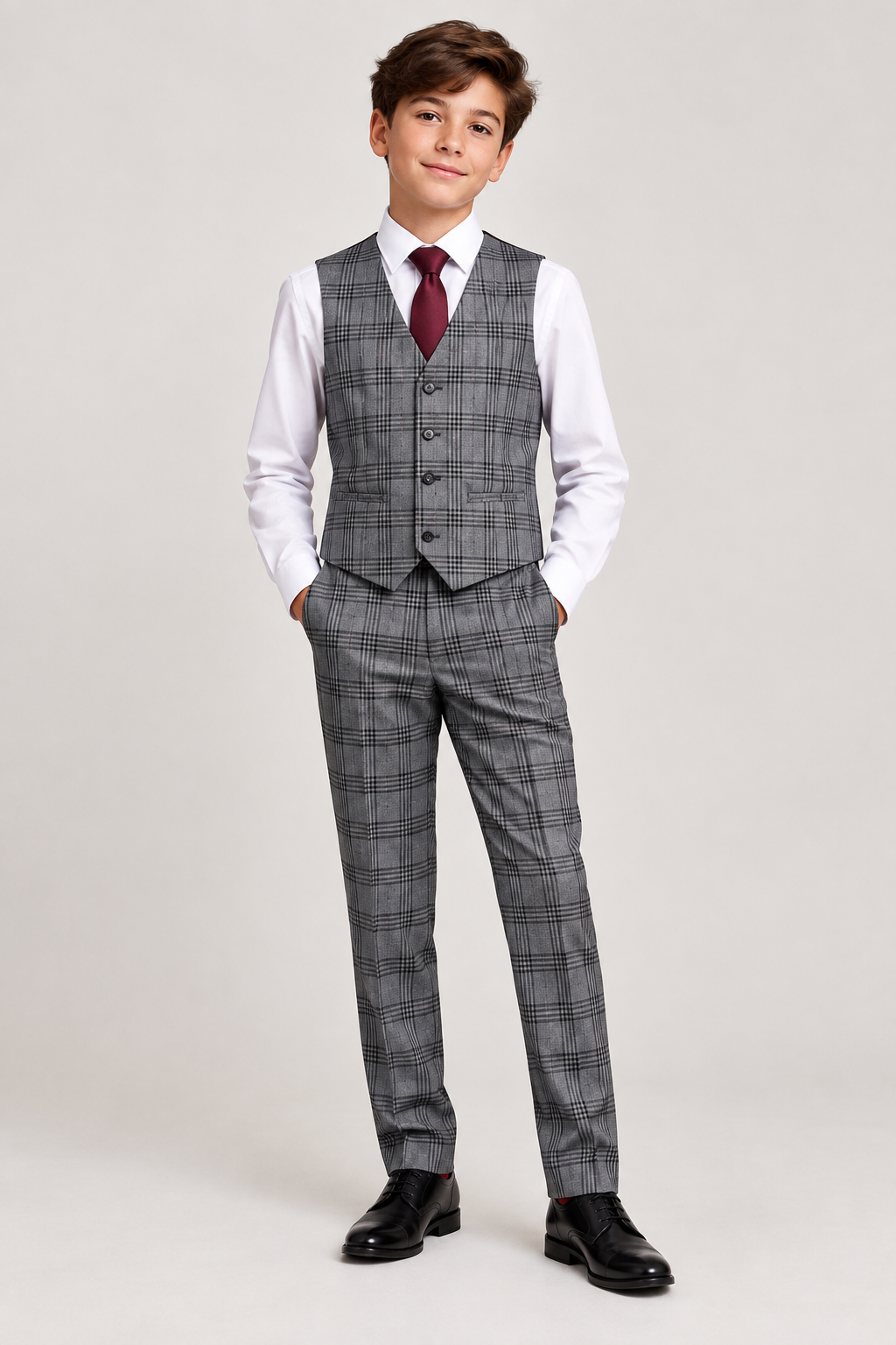 Boys Next Grey Check Suit with White Shirt & Burgundy Tie