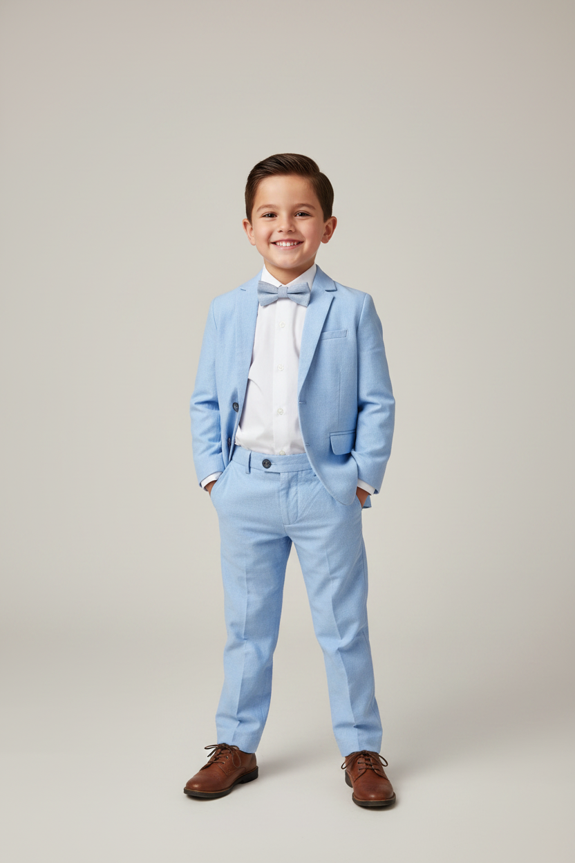 Boys pale blue H&M suit on model