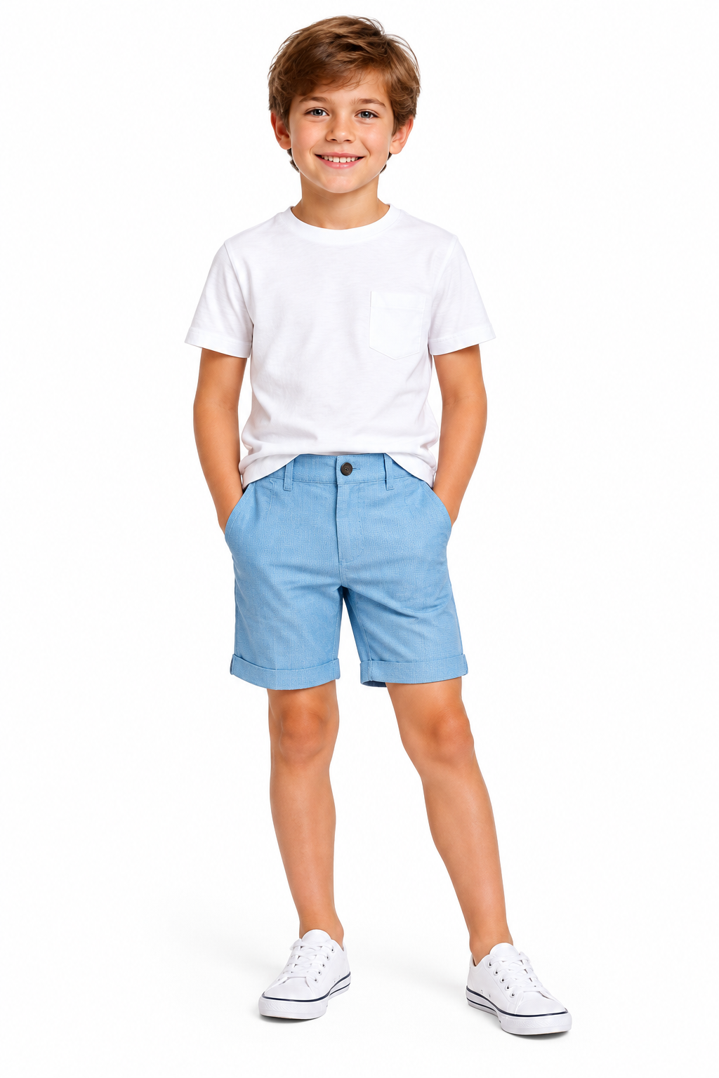 Boys pale blue shorts on model