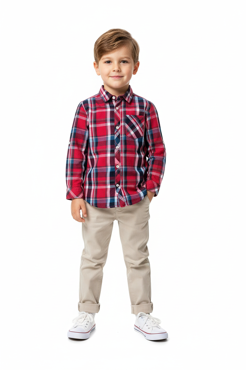 Boys Red Check Shirt on Model