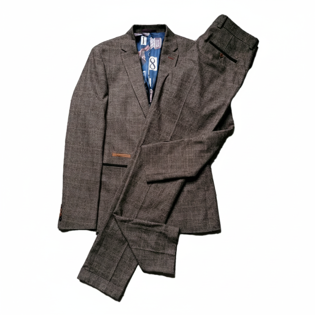 Brown Check Suit Angled Flat Lay