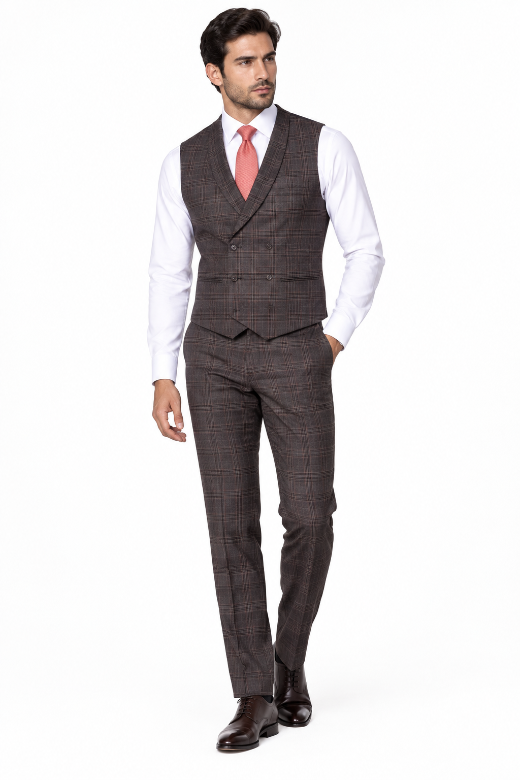 Brown Check Waistcoat & Trousers Model Shot