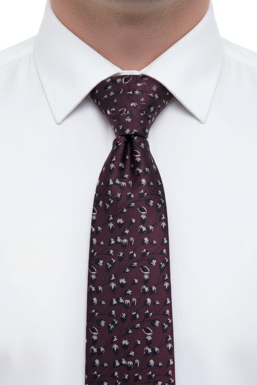 Burgundy navy tie knotted on white shirt