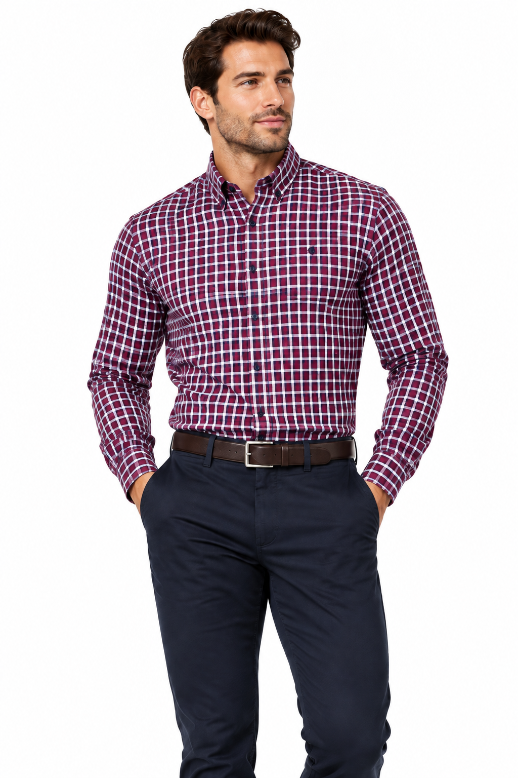 Burton burgundy check shirt - cropped head to thigh