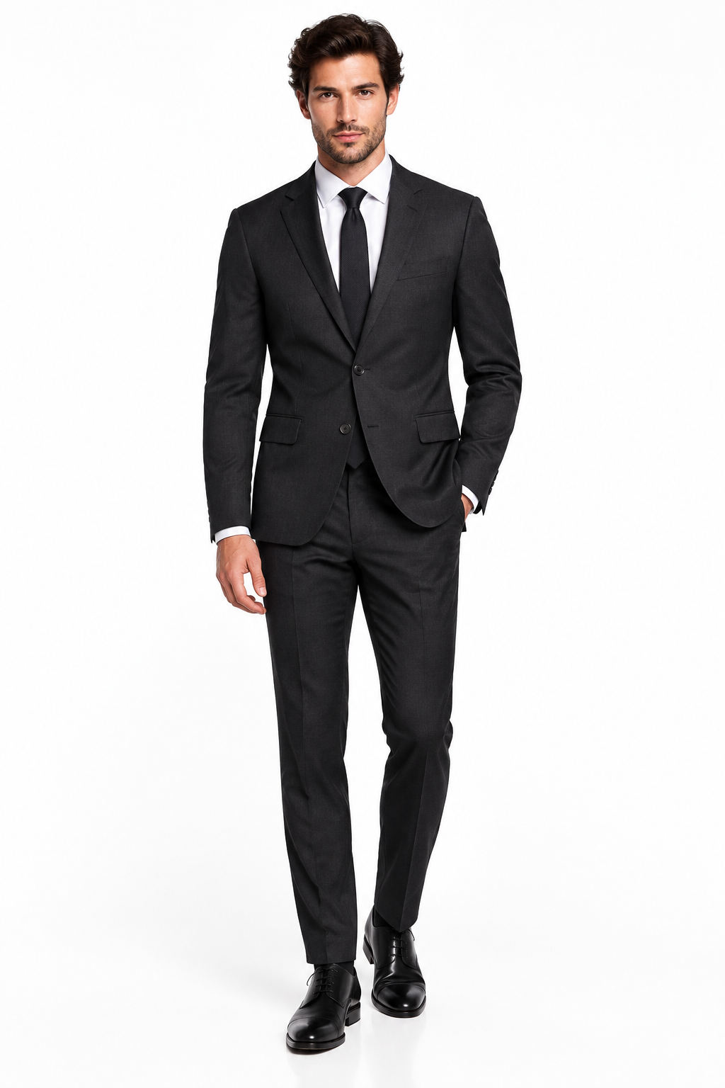 Dark charcoal slim fit suit on model