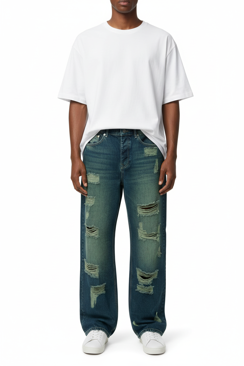 Distressed Wide-Leg Jeans on Model