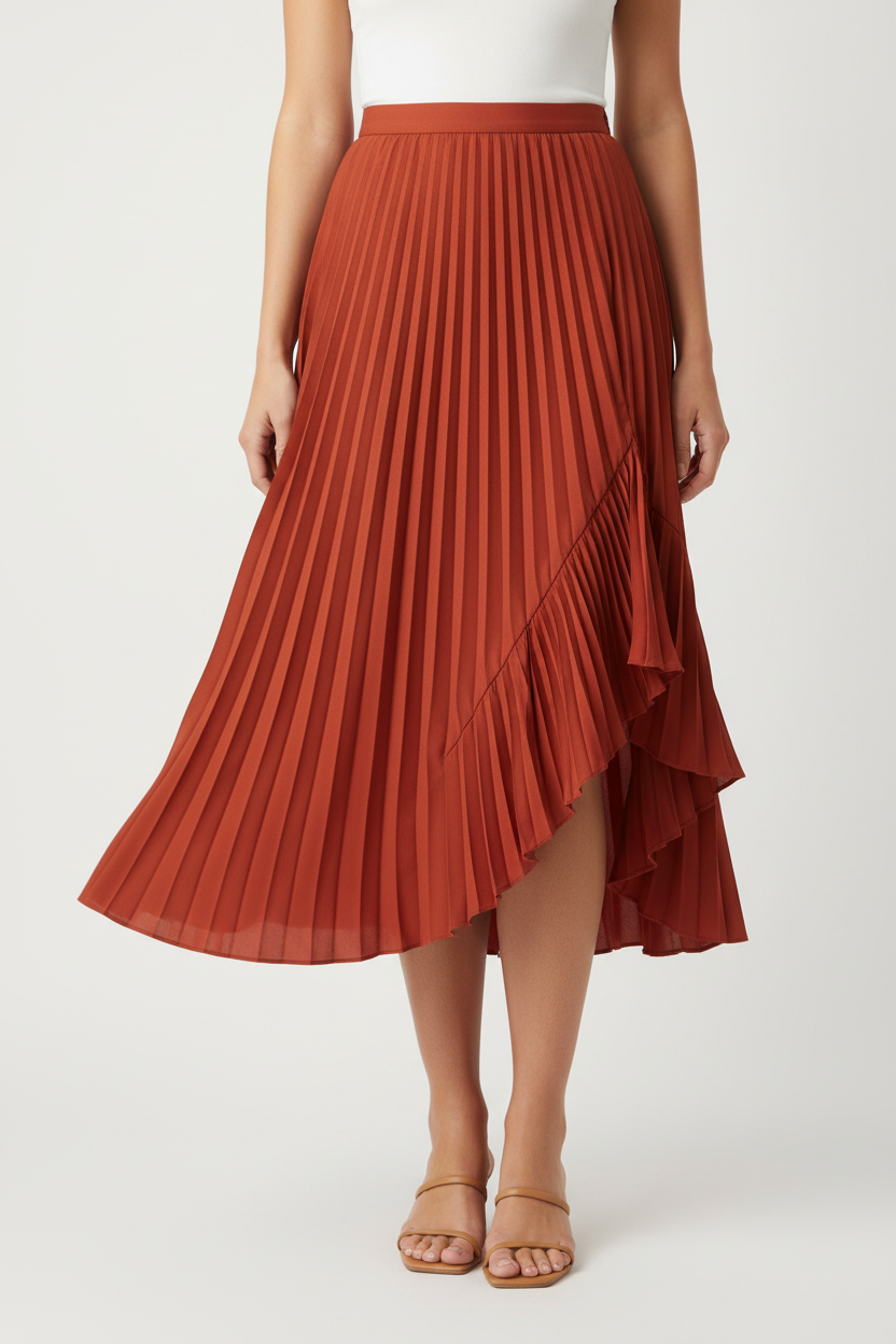 Female model wearing rust pleated midi skirt