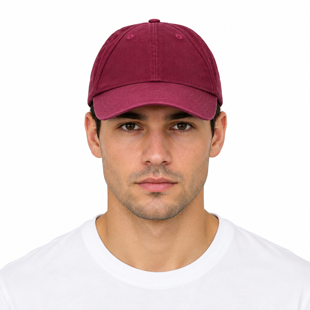 Front view of model wearing the burgundy cap