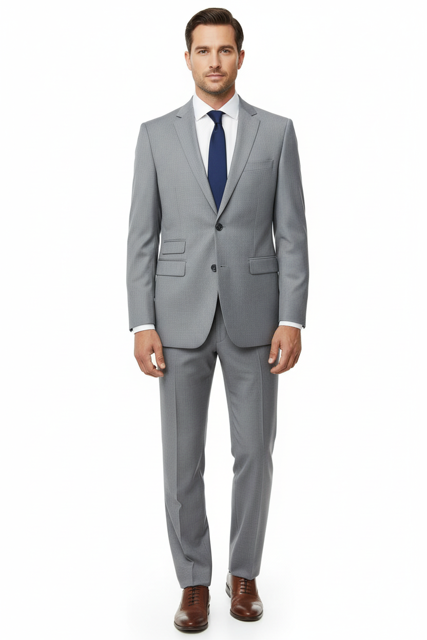 Full body shot - grey suit with white shirt and navy tie