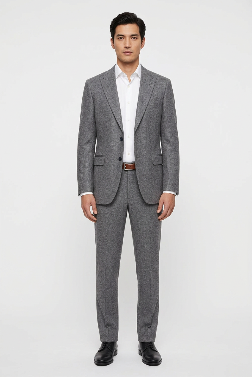 Full-length AI model wearing the grey suit, without text