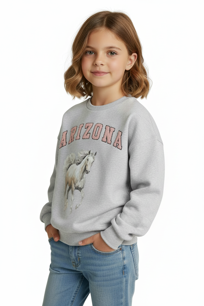 Girl model Arizona sweatshirt solid white background