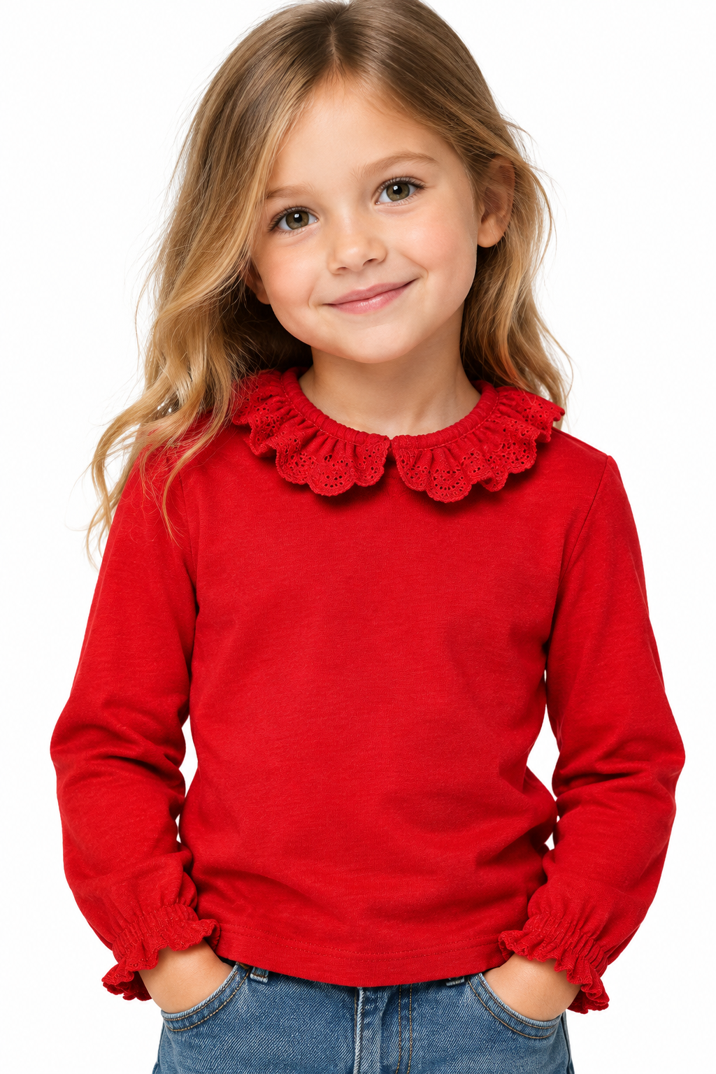 Girl model wearing red ruffle collar top