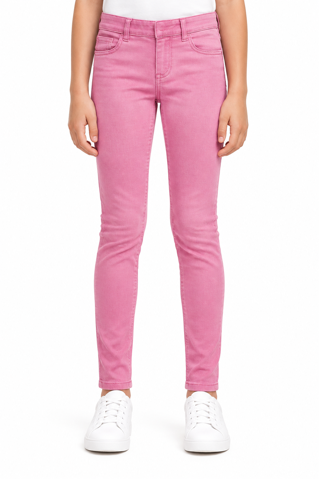 Girl wearing plain pink jeggings, waist to feet