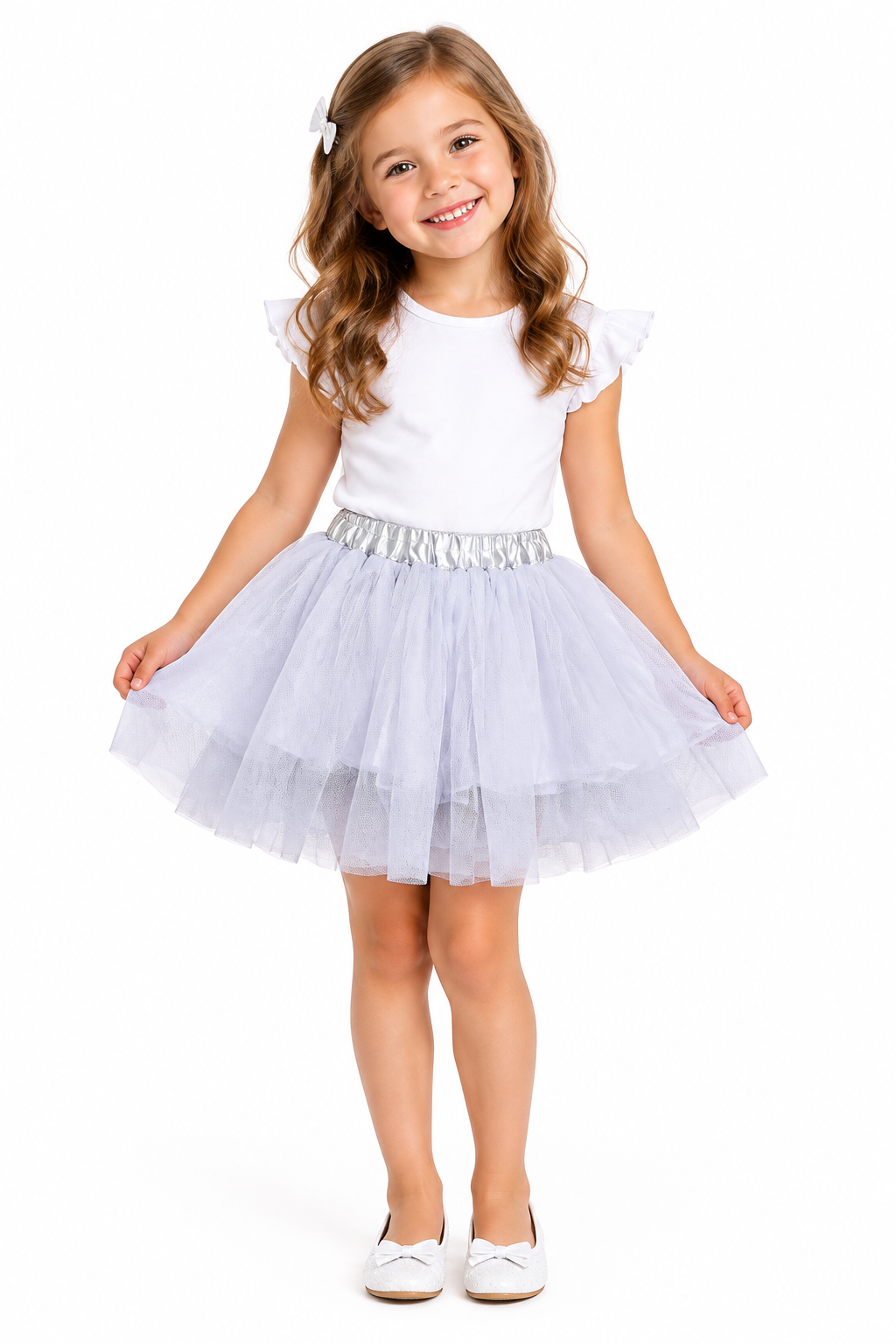 Girl wearing white tulle tutu skirt