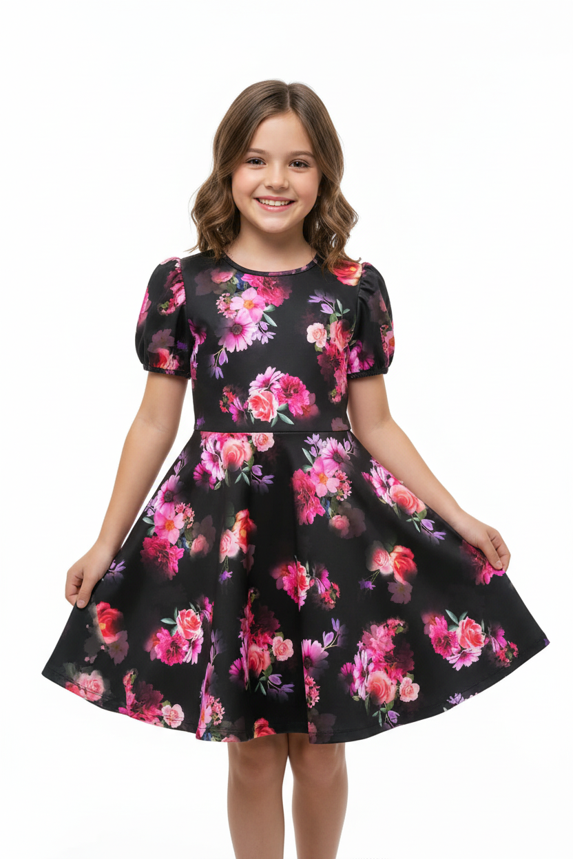 Girls Black Floral Dress on Model