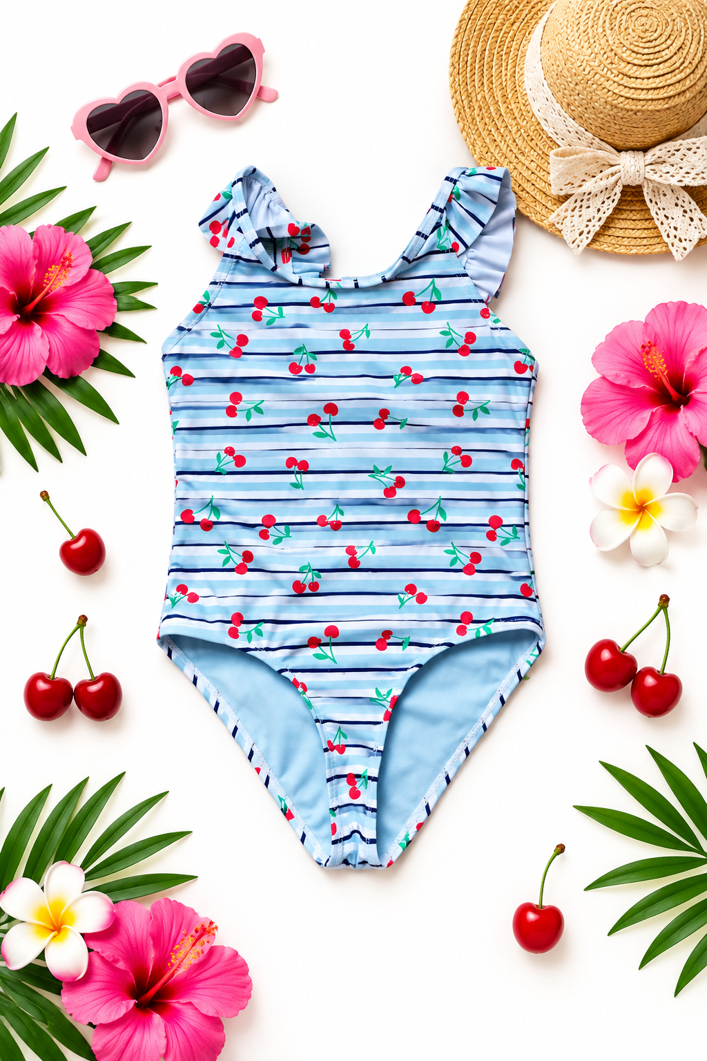 Girls Blue Cherry Swimsuit Flat Lay